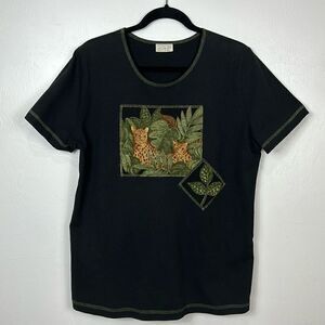 Cite Black Leopard Jungle Print Short Sleeve Crew Neck T-shirt Size M